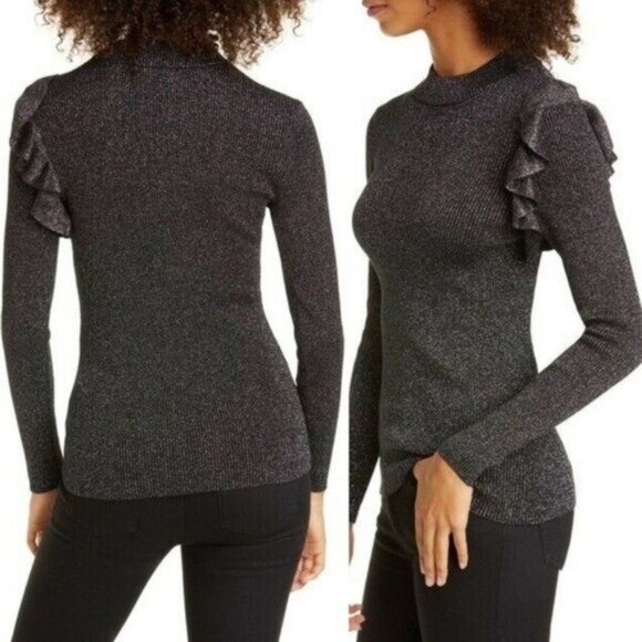 NWT Ted Baker London Addale Ruffle Shoulder Silk Lurex Metallic Sweater XL Rib - Picture 1 of 11